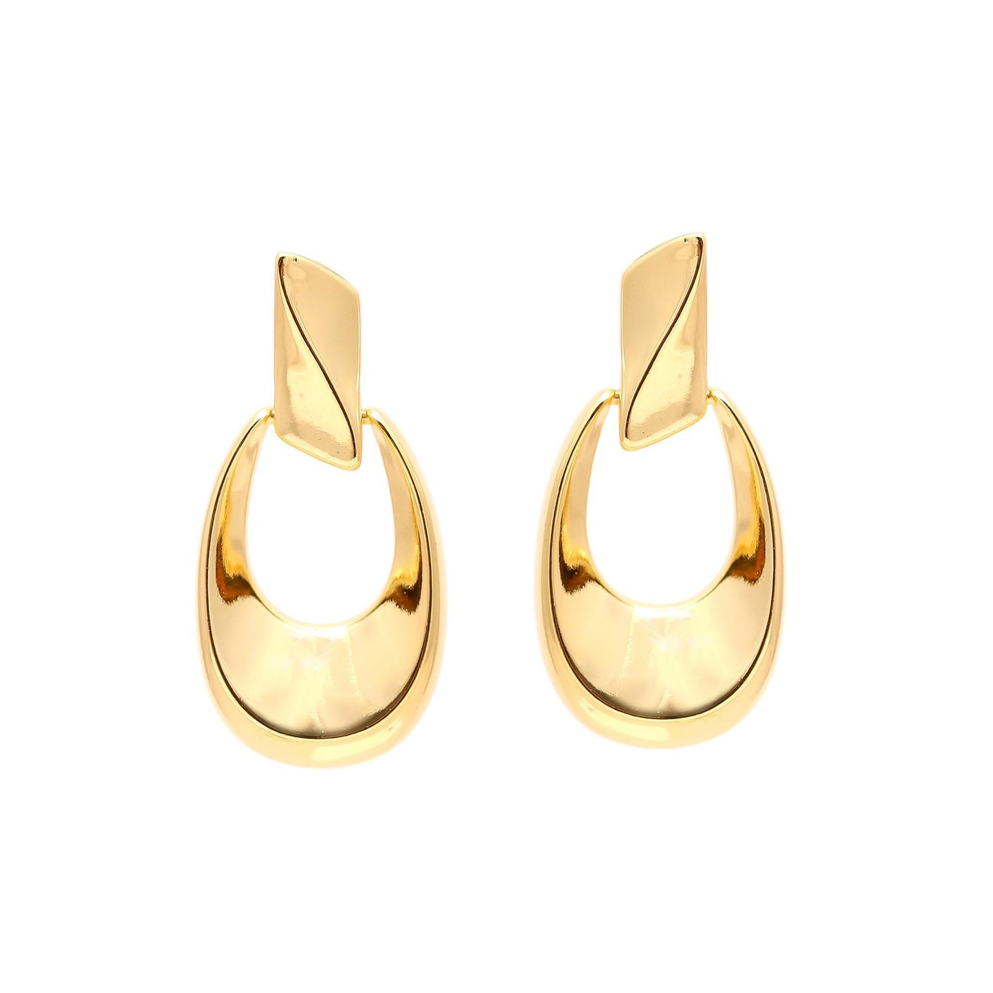Gold-Plated Geometric Drop Earrings with Polished Oval Hoops and Angular Stud Tops for Sleek Contemporary Sophistication
