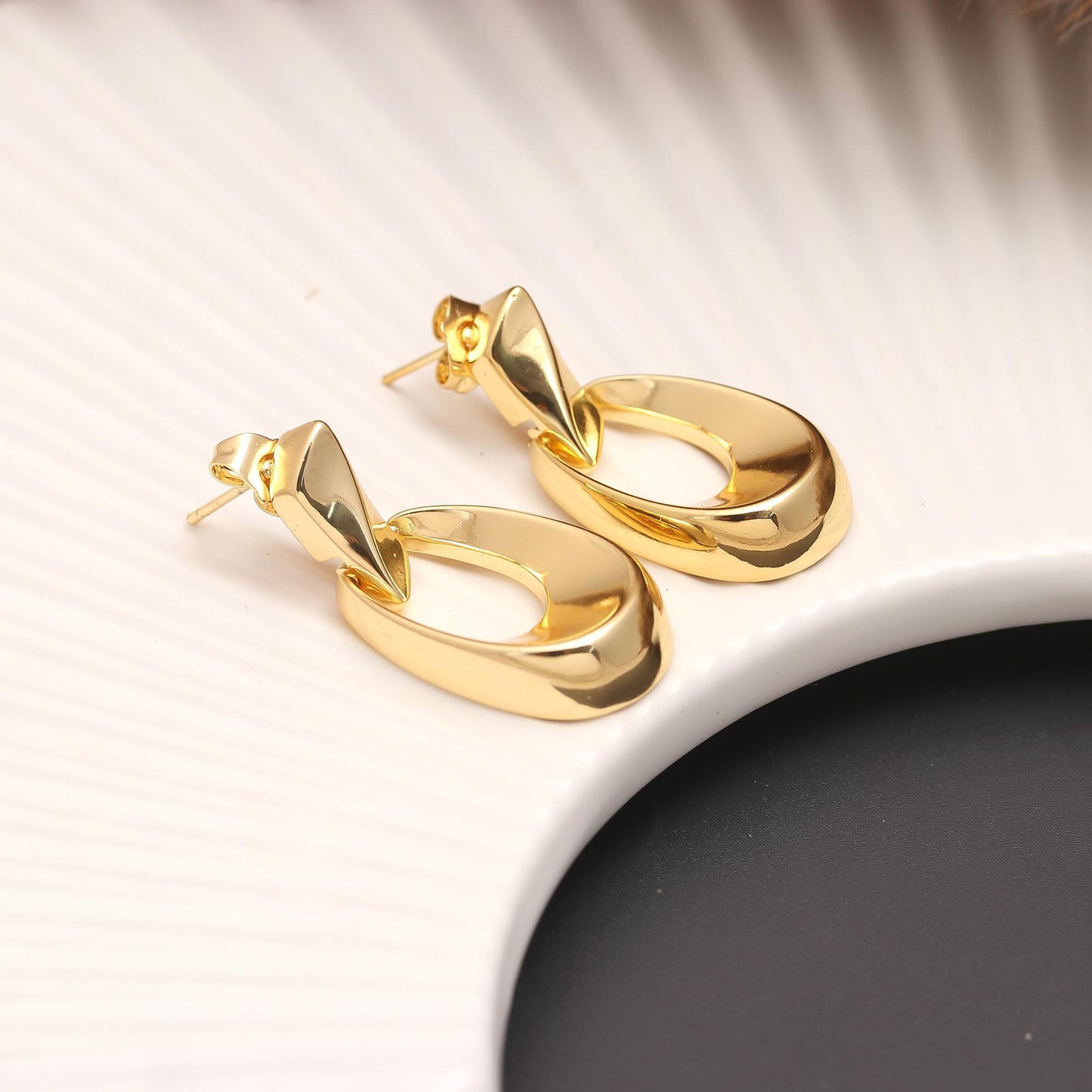 Gold-Plated Geometric Drop Earrings with Polished Oval Hoops and Angular Stud Tops for Sleek Contemporary Sophistication