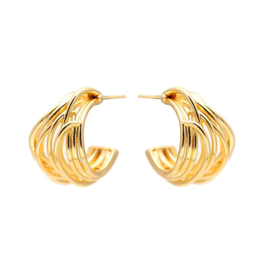 Elegant Gold-Plated Twisted Hoop Earrings with Interwoven Layers, Polished Finish, and Contemporary Statement Design for Everyday Glamour