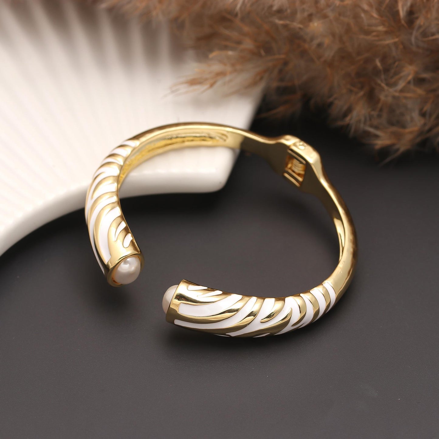 Elegant Gold Cuff Bracelet with White Enamel Accents and Dual Pearl Ends | Adjustable Open Bangle Jewelry for Parties, Gifting, and Everyday Luxury
