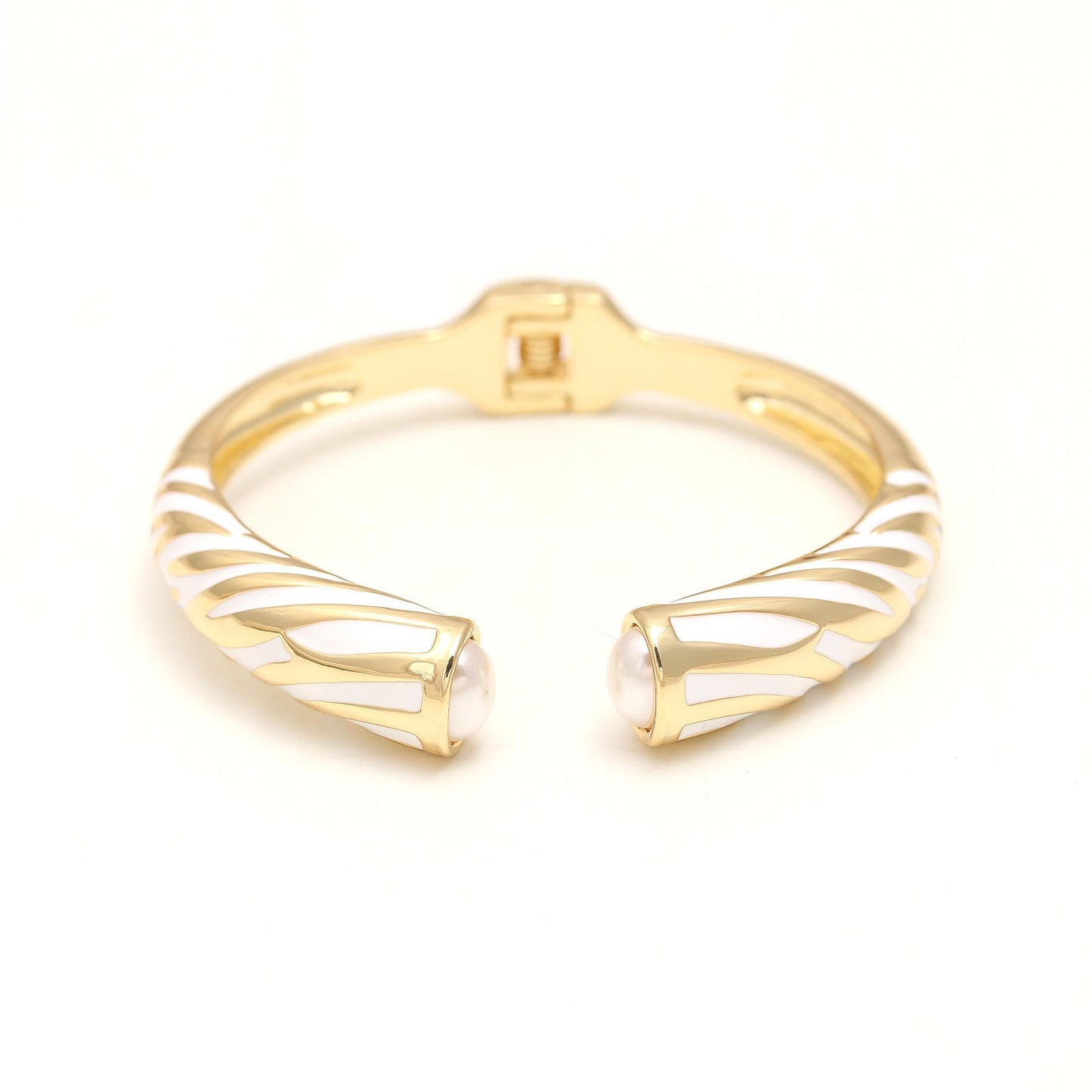 Elegant Gold Cuff Bracelet with White Enamel Accents and Dual Pearl Ends | Adjustable Open Bangle Jewelry for Parties, Gifting, and Everyday Luxury