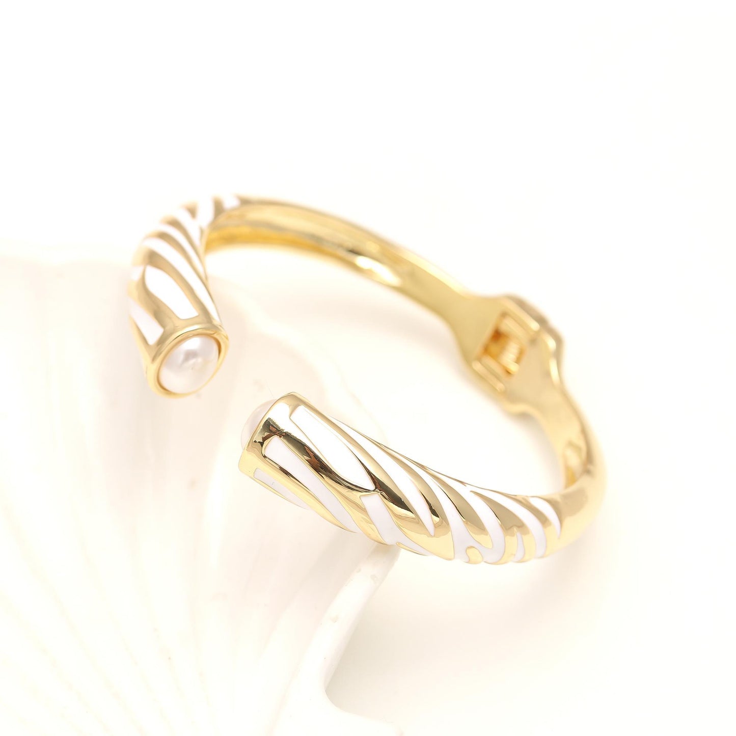 Elegant Gold Cuff Bracelet with White Enamel Accents and Dual Pearl Ends | Adjustable Open Bangle Jewelry for Parties, Gifting, and Everyday Luxury