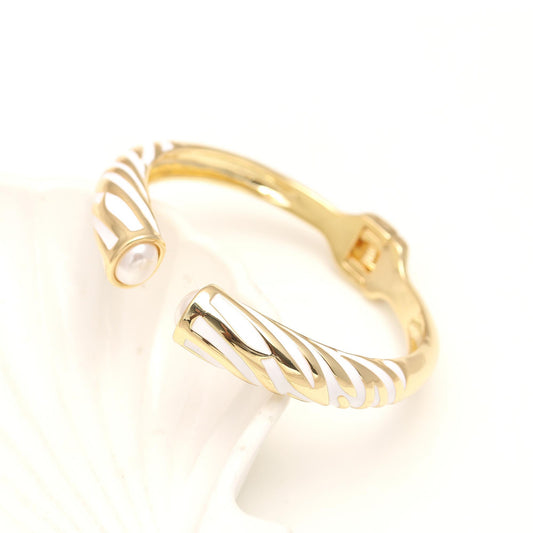 Elegant Gold Cuff Bracelet with White Enamel Accents and Dual Pearl Ends | Adjustable Open Bangle Jewelry for Parties, Gifting, and Everyday Luxury