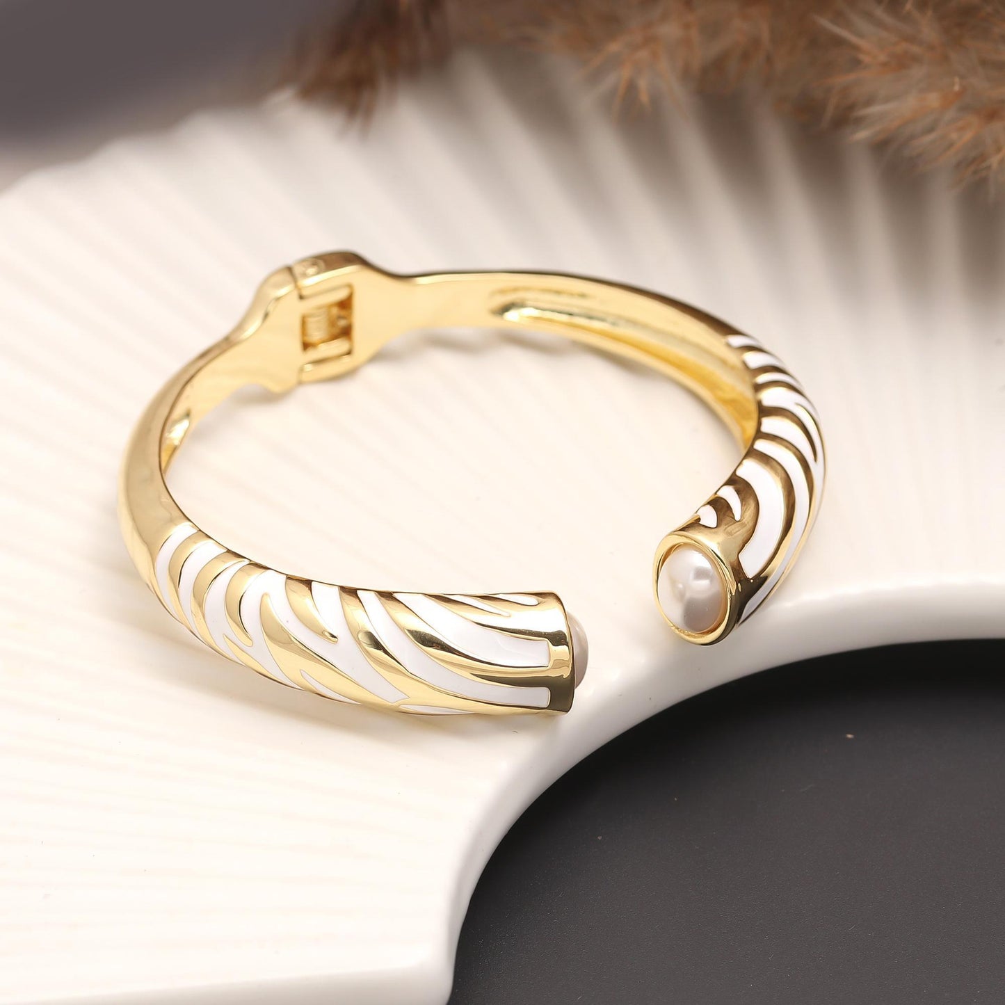 Elegant Gold Cuff Bracelet with White Enamel Accents and Dual Pearl Ends | Adjustable Open Bangle Jewelry for Parties, Gifting, and Everyday Luxury