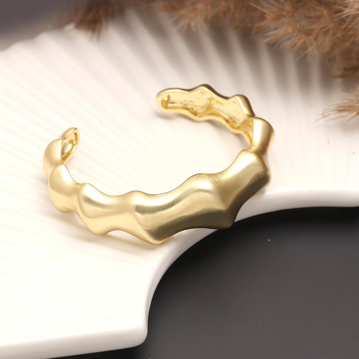Sculpted Gold Cuff Bracelet with Organic Wavy Design | Contemporary Minimalist Statement Jewelry with Fluid Curves and Adjustable Open Fit