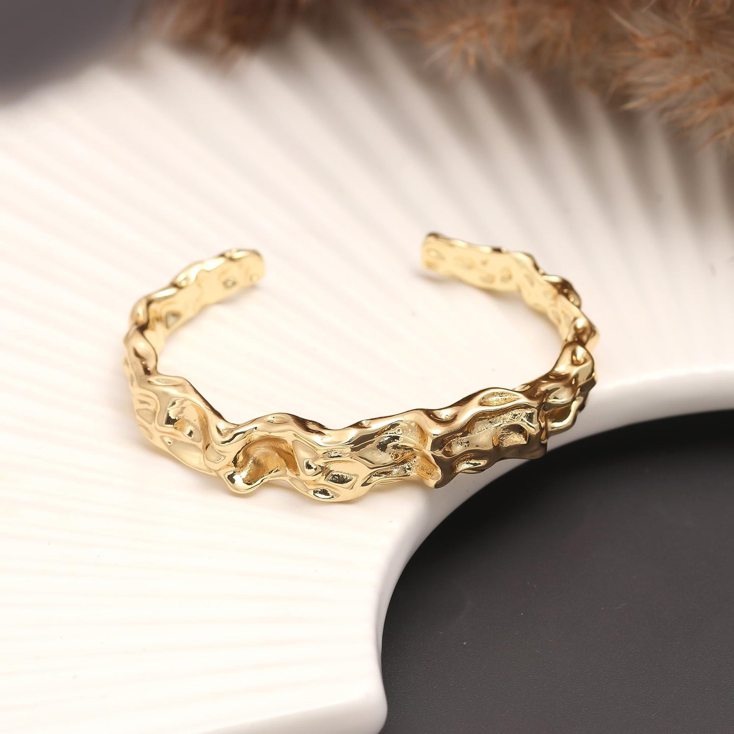 Organic Textured Open Cuff Bracelet for Women | Sculptural Gold Statement Bangle | Modern Artistic Jewelry for Daily Wear, Parties, and Gifting