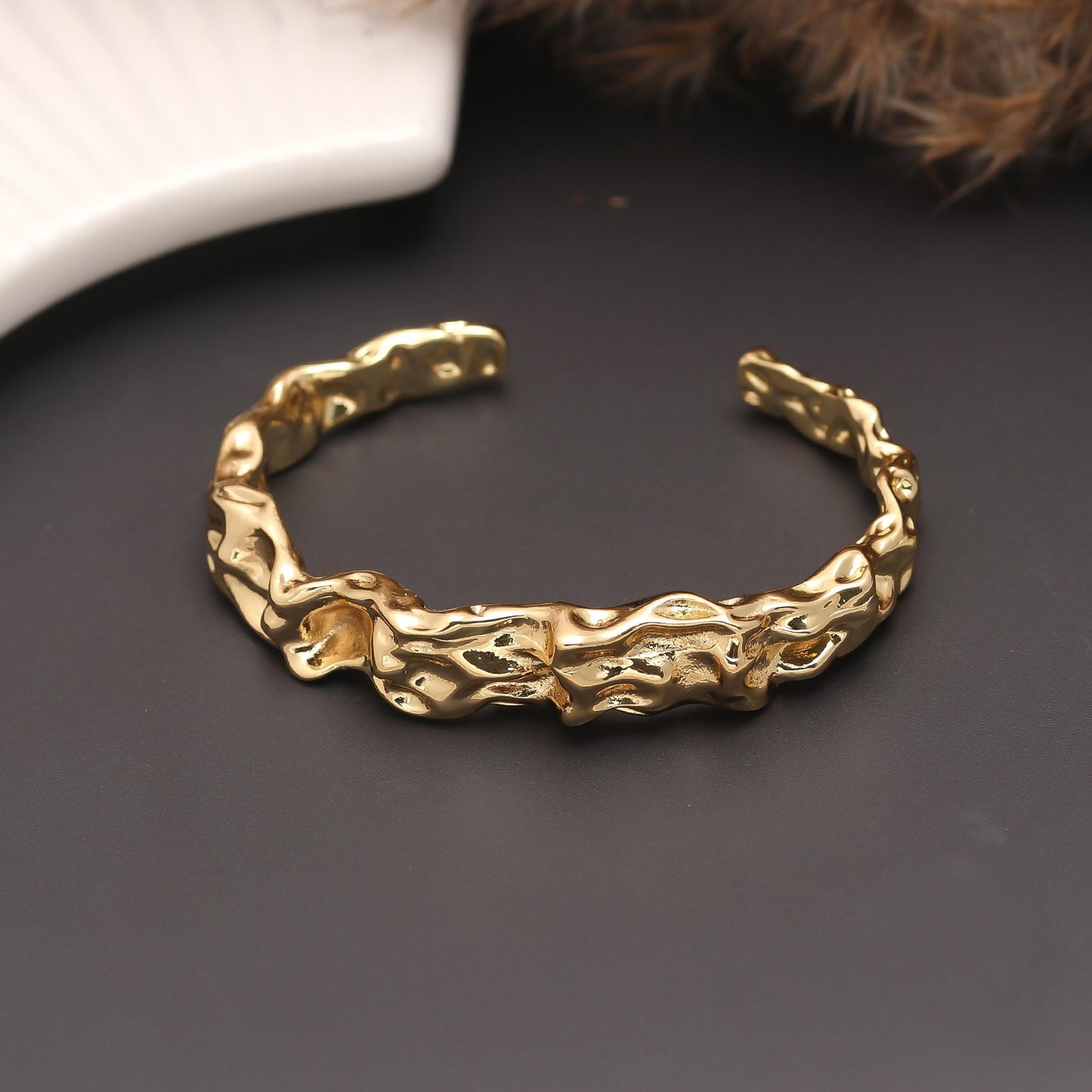 Organic Textured Open Cuff Bracelet for Women | Sculptural Gold Statement Bangle | Modern Artistic Jewelry for Daily Wear, Parties, and Gifting