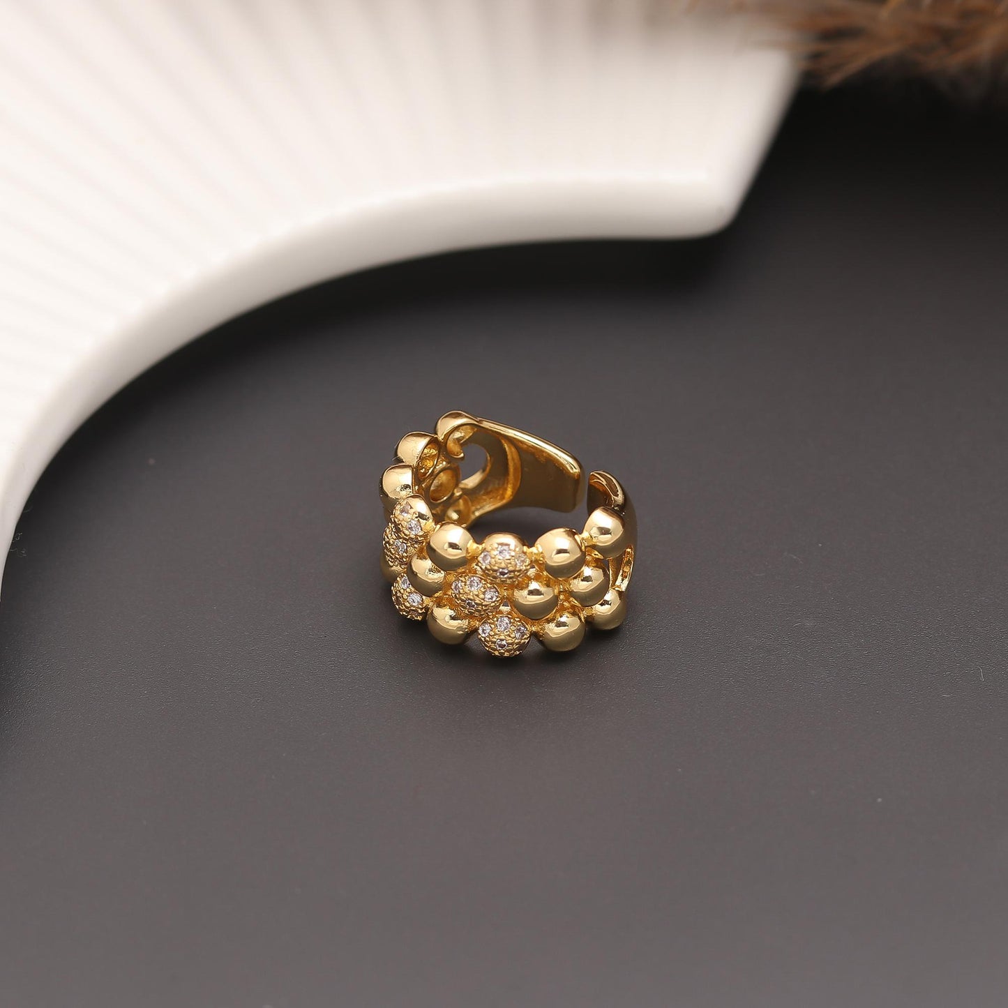 Golden Orb Band Ring with Beaded Detailing and Diamond Look Accents | Modern Luxe Statement Jewelry