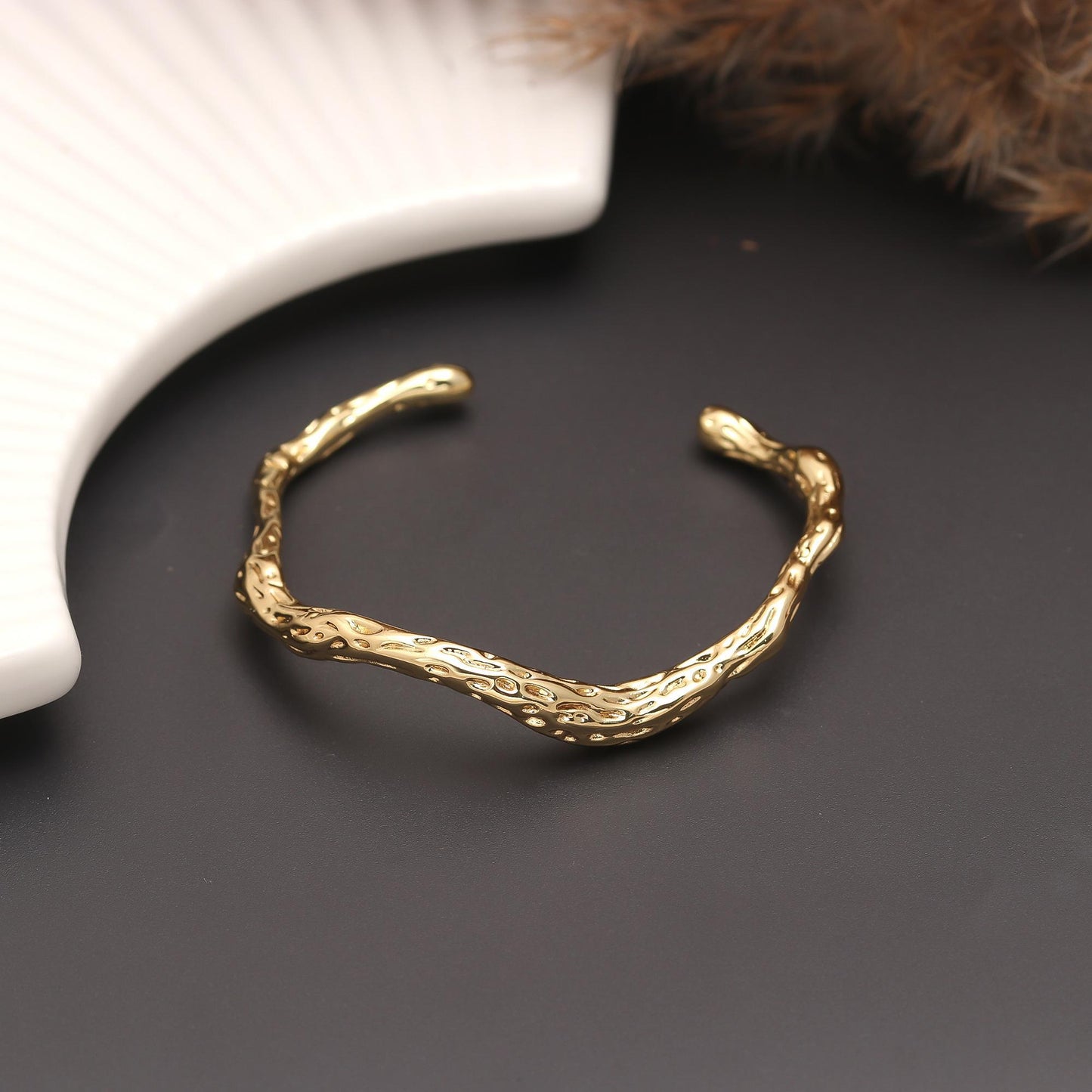 Textured Wavy Design Gold Open Cuff Bracelet for Women | Lightweight Adjustable Jewelry | Stylish Daily Wear and Party Accessory