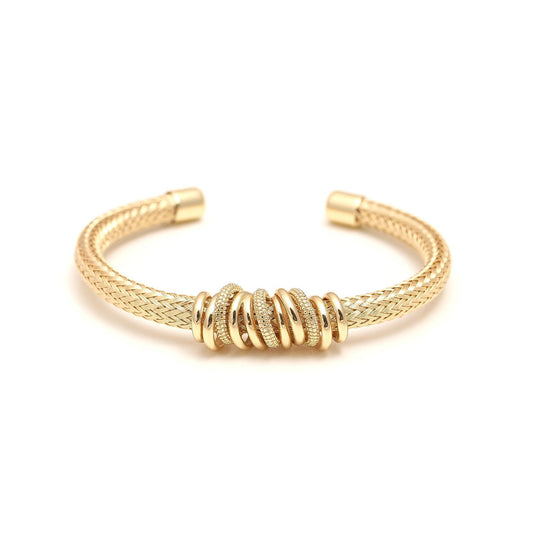 Gold Mesh Cuff Bracelet with Interlocking Ring Accents – Modern Open-Ended Adjustable Design, Textured Detailing, and Contemporary Statement Jewelry for Everyday Elegance