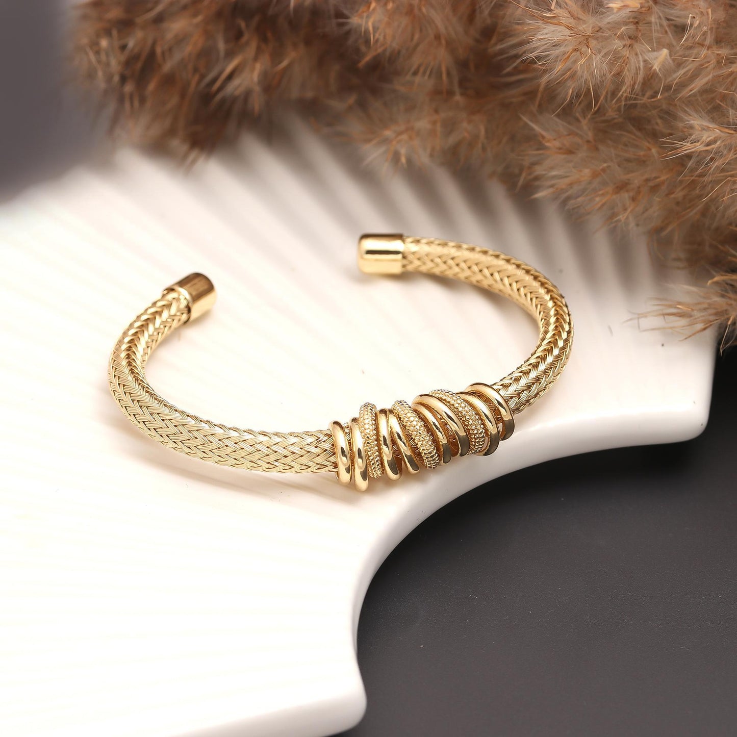 Gold Mesh Cuff Bracelet with Interlocking Ring Accents – Modern Open-Ended Adjustable Design, Textured Detailing, and Contemporary Statement Jewelry for Everyday Elegance