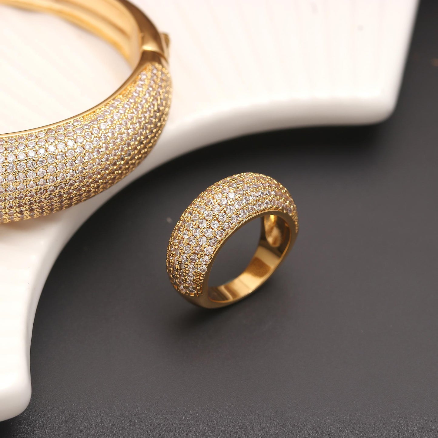 Gold-Plated Bracelet and Ring Set with Full Pavé Diamond Look Detailing | Luxury Statement Jewelry for Elegant Occasions
