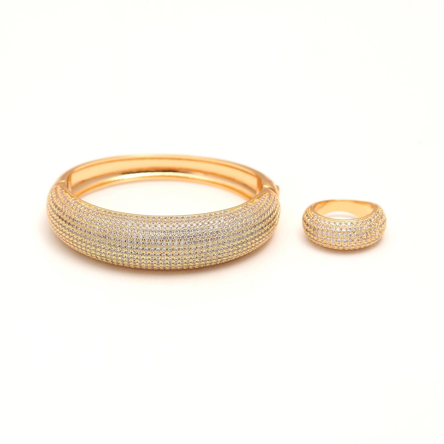 Gold-Plated Bracelet and Ring Set with Full Pavé Diamond Look Detailing | Luxury Statement Jewelry for Elegant Occasions