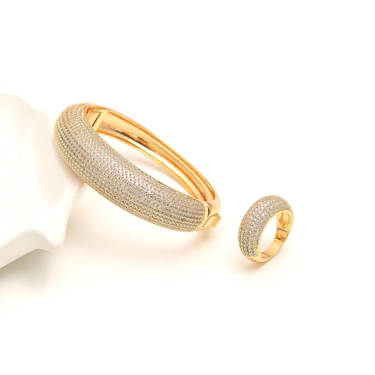 Gold-Plated Bracelet and Ring Set with Full Pavé Diamond Look Detailing | Luxury Statement Jewelry for Elegant Occasions
