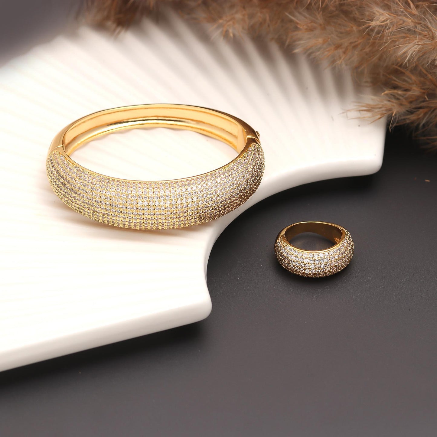 Gold-Plated Bracelet and Ring Set with Full Pavé Diamond Look Detailing | Luxury Statement Jewelry for Elegant Occasions