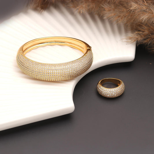 Gold-Plated Bracelet and Ring Set with Full Pavé Diamond Look Detailing | Luxury Statement Jewelry for Elegant Occasions