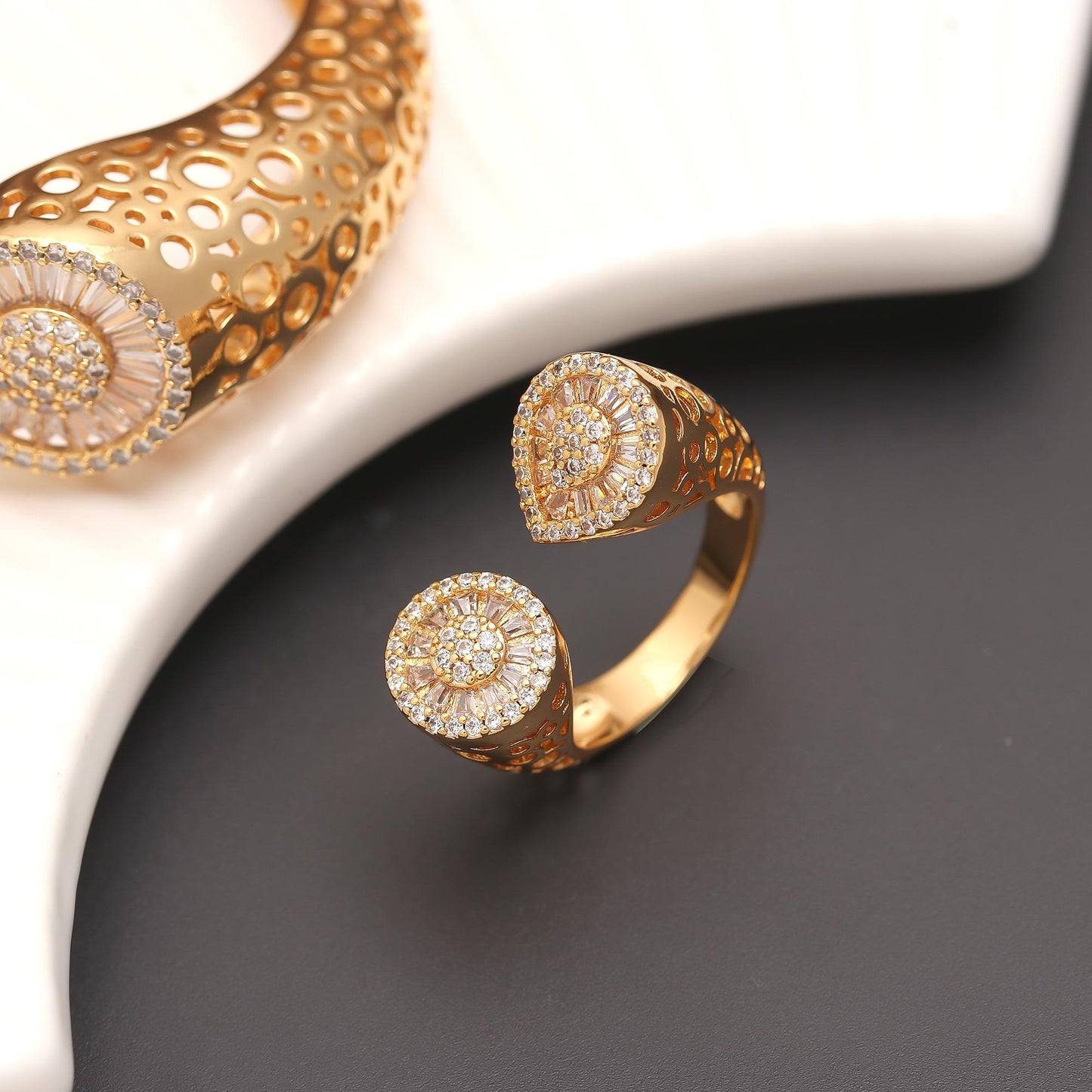 Gold Finish Openwork Bracelet and Matching Ring Set with Teardrop Diamond Look Pavé Ends | Regal Statement Jewelry for Weddings, Celebrations, and Special Occasions