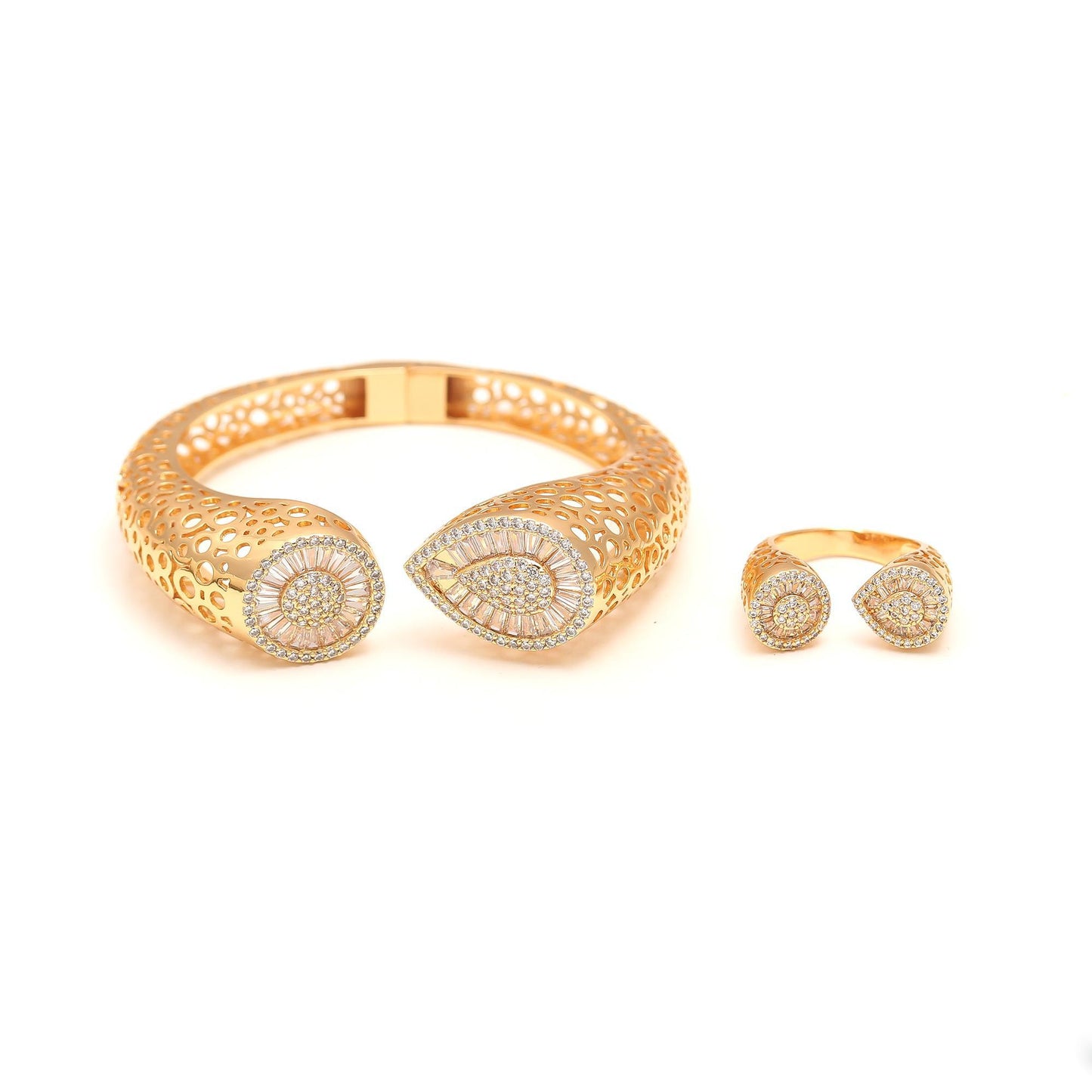 Gold Finish Openwork Bracelet and Matching Ring Set with Teardrop Diamond Look Pavé Ends | Regal Statement Jewelry for Weddings, Celebrations, and Special Occasions