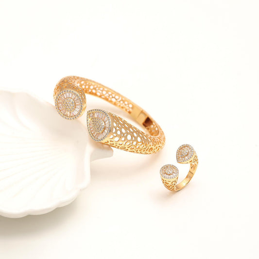Gold Finish Openwork Bracelet and Matching Ring Set with Teardrop Diamond Look Pavé Ends | Regal Statement Jewelry for Weddings, Celebrations, and Special Occasions