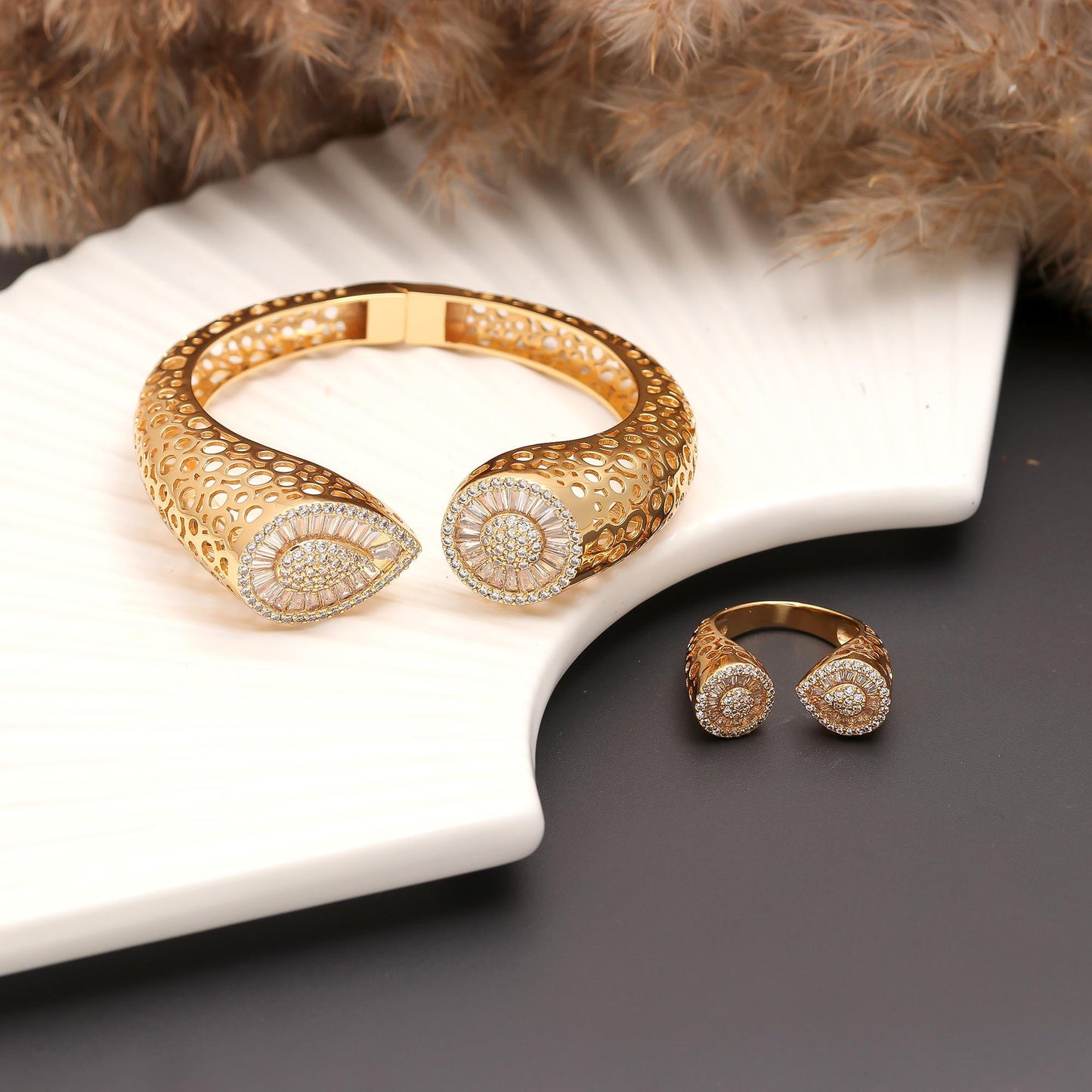 Gold Finish Openwork Bracelet and Matching Ring Set with Teardrop Diamond Look Pavé Ends | Regal Statement Jewelry for Weddings, Celebrations, and Special Occasions