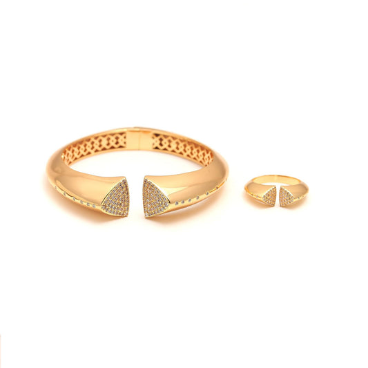 Gold-Tone Openable Bangle and Matching Ring Set with Diamond Look Triangle Tips | Contemporary Statement Jewelry for Weddings, Parties, and Everyday Glamour