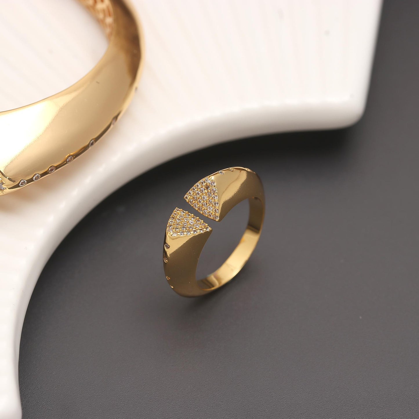 Gold-Tone Openable Bangle and Matching Ring Set with Diamond Look Triangle Tips | Contemporary Statement Jewelry for Weddings, Parties, and Everyday Glamour
