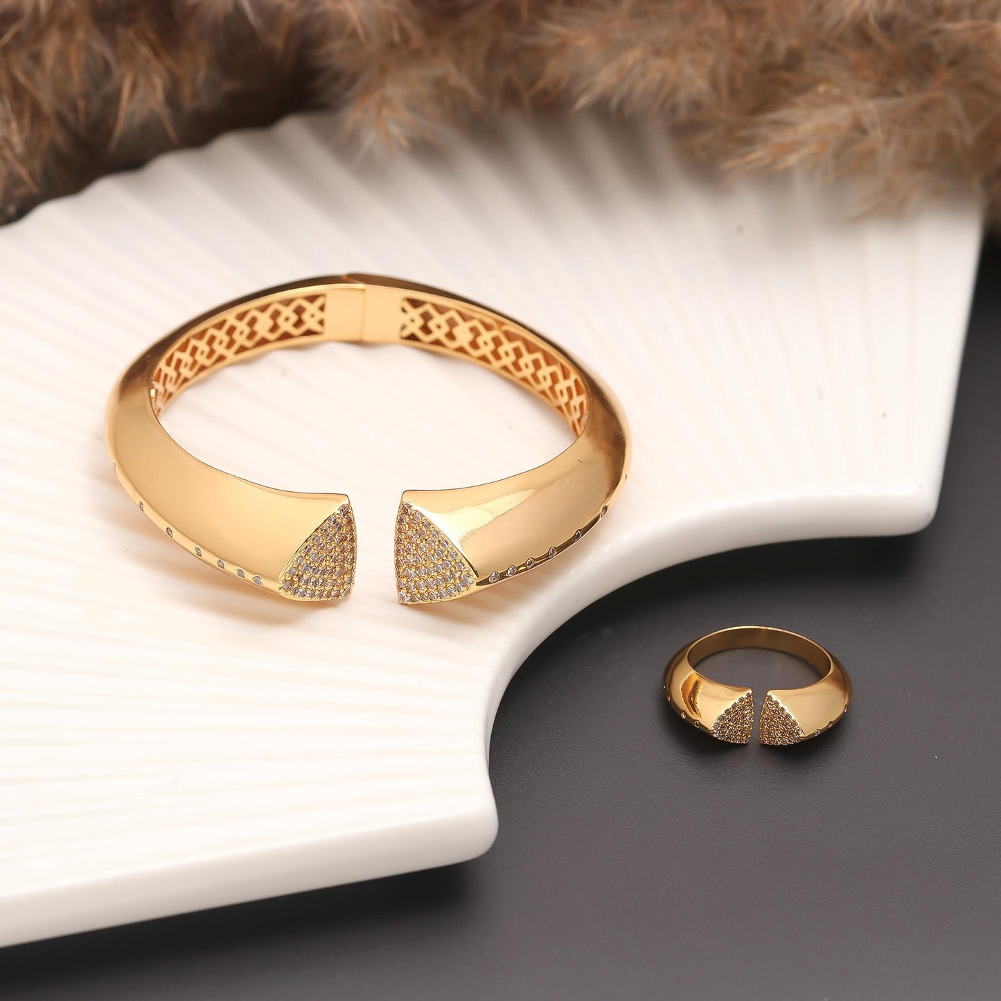 Gold-Tone Openable Bangle and Matching Ring Set with Diamond Look Triangle Tips | Contemporary Statement Jewelry for Weddings, Parties, and Everyday Glamour