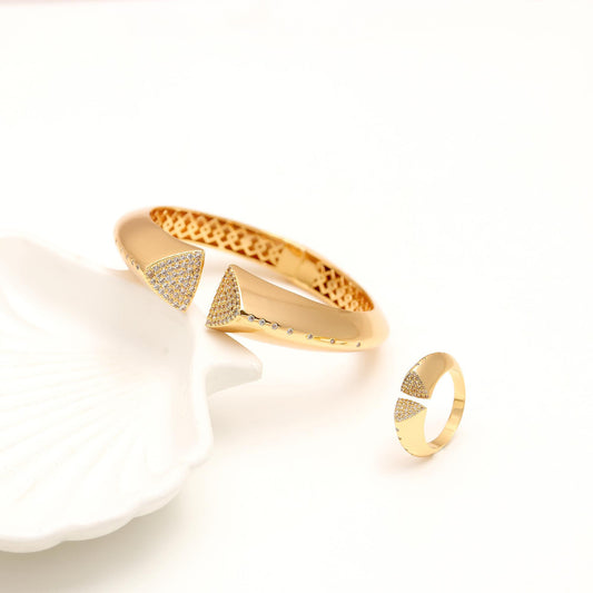 Gold-Tone Openable Bangle and Matching Ring Set with Diamond Look Triangle Tips | Contemporary Statement Jewelry for Weddings, Parties, and Everyday Glamour