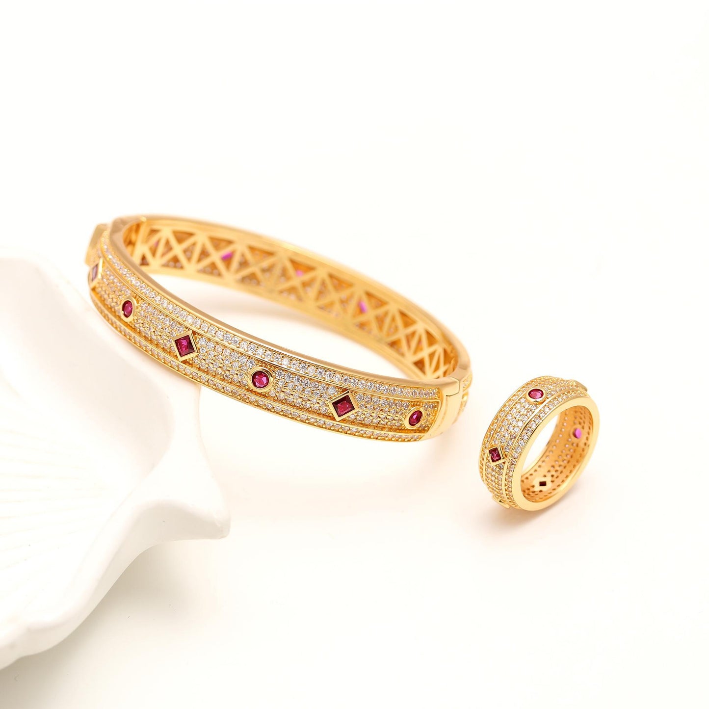 Gold Finish Bracelet and Ring Set with Ruby Red Accents and Diamond Look Pavé | Elegant Luxury Jewelry for Weddings and Festive Occasions