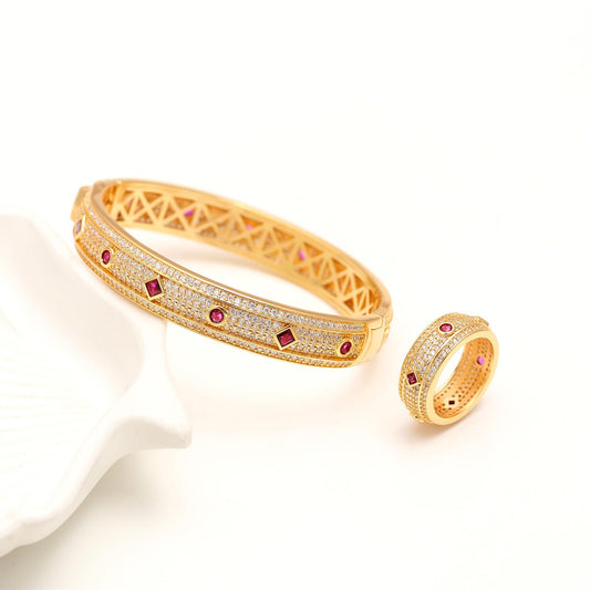 Gold Finish Bracelet and Ring Set with Ruby Red Accents and Diamond Look Pavé | Elegant Luxury Jewelry for Weddings and Festive Occasions