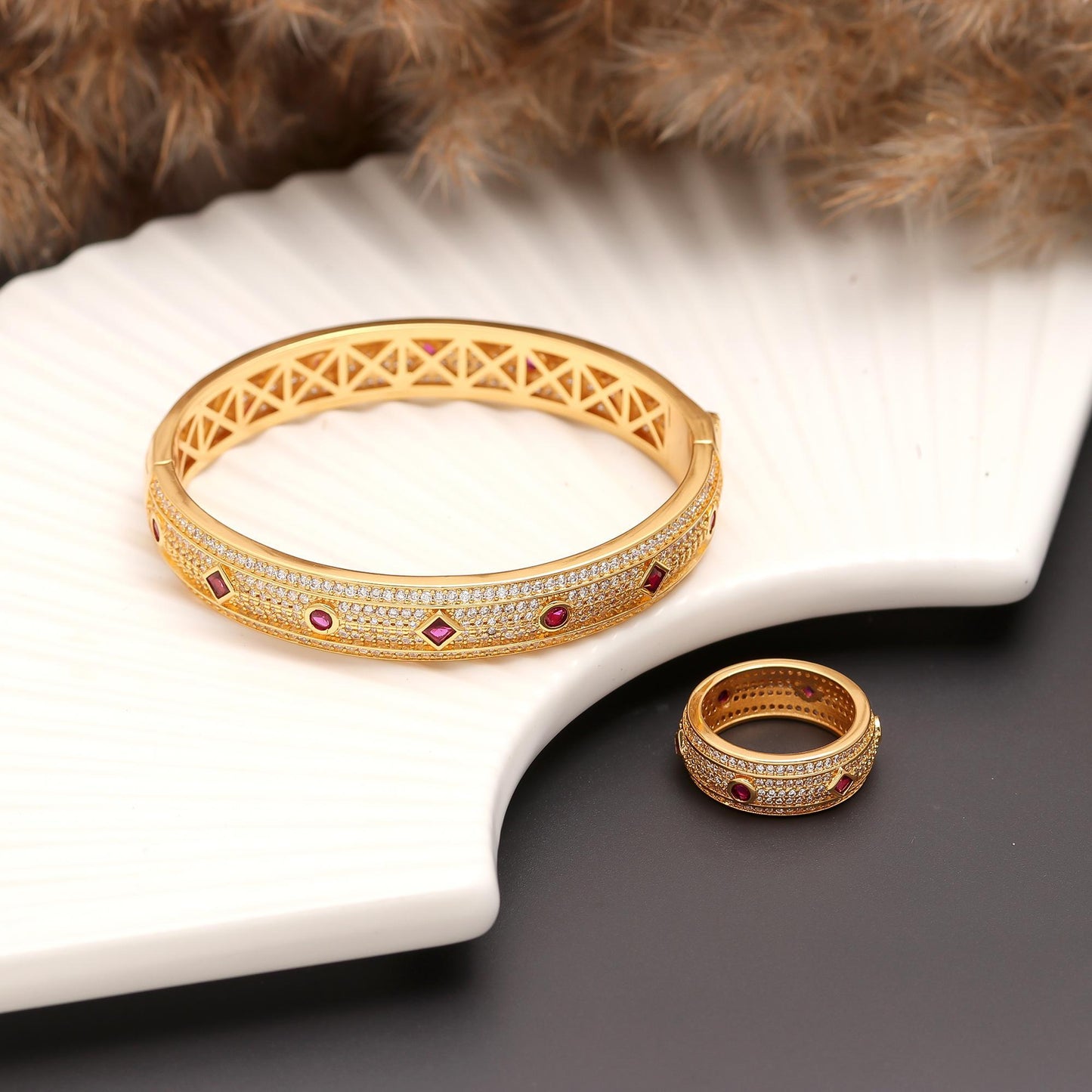 Gold Finish Bracelet and Ring Set with Ruby Red Accents and Diamond Look Pavé | Elegant Luxury Jewelry for Weddings and Festive Occasions