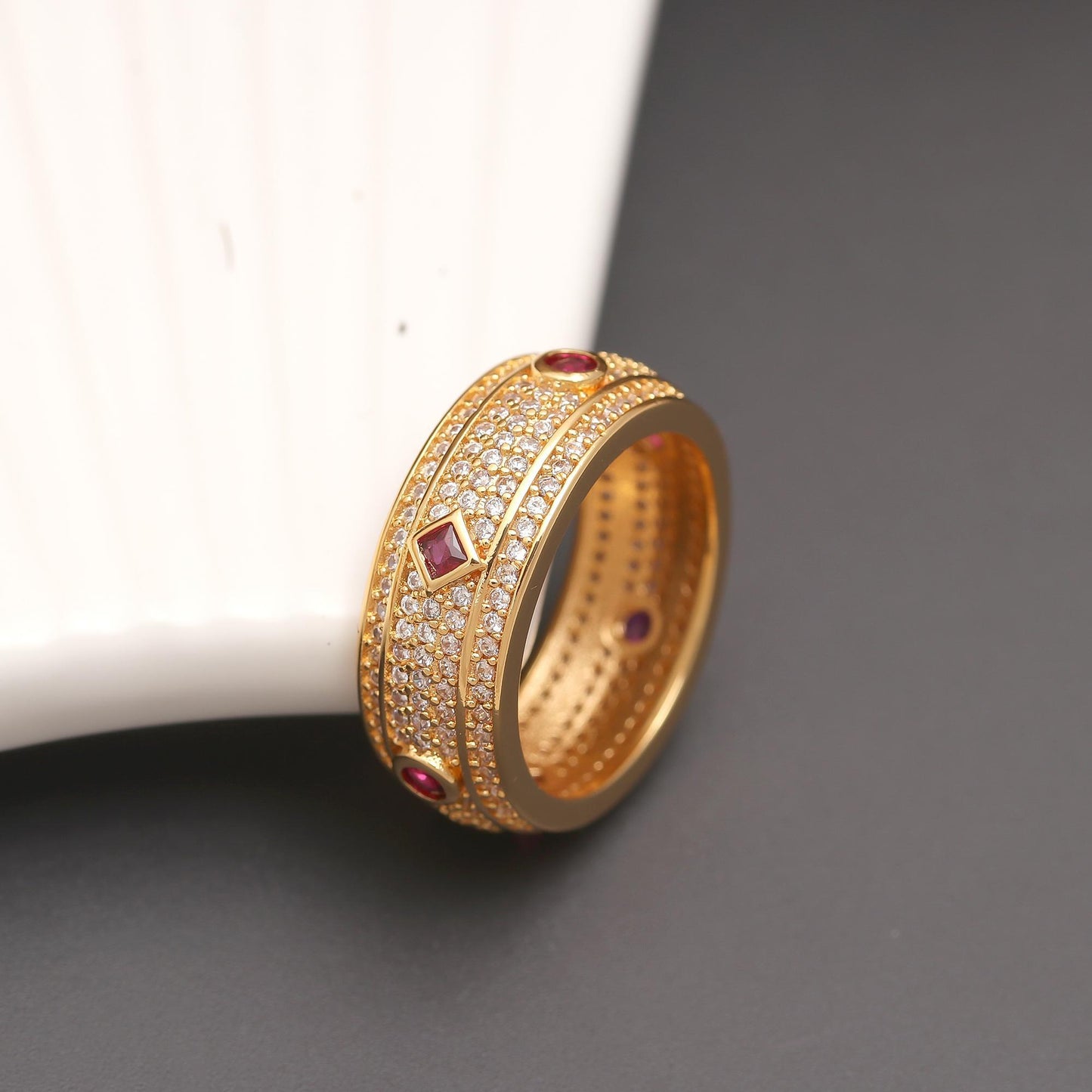Gold Finish Bracelet and Ring Set with Ruby Red Accents and Diamond Look Pavé | Elegant Luxury Jewelry for Weddings and Festive Occasions