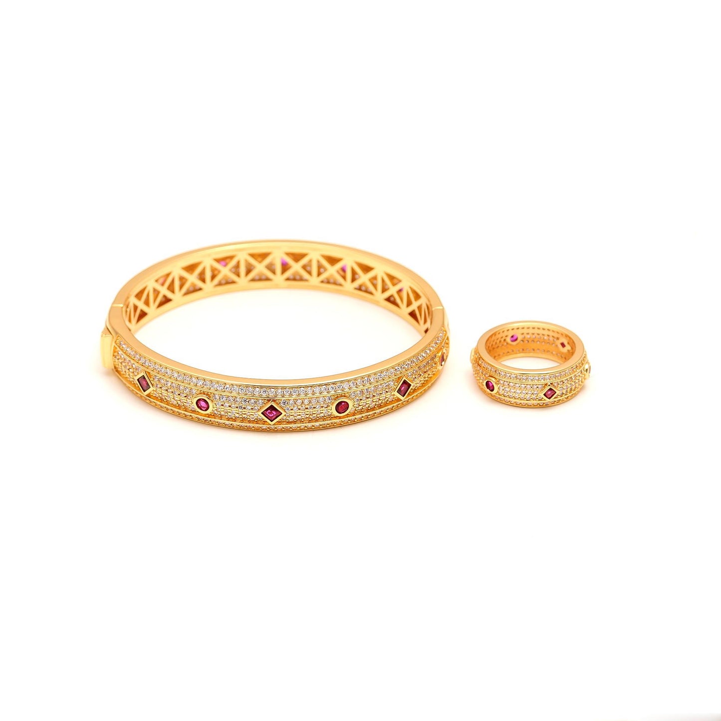 Gold Finish Bracelet and Ring Set with Ruby Red Accents and Diamond Look Pavé | Elegant Luxury Jewelry for Weddings and Festive Occasions