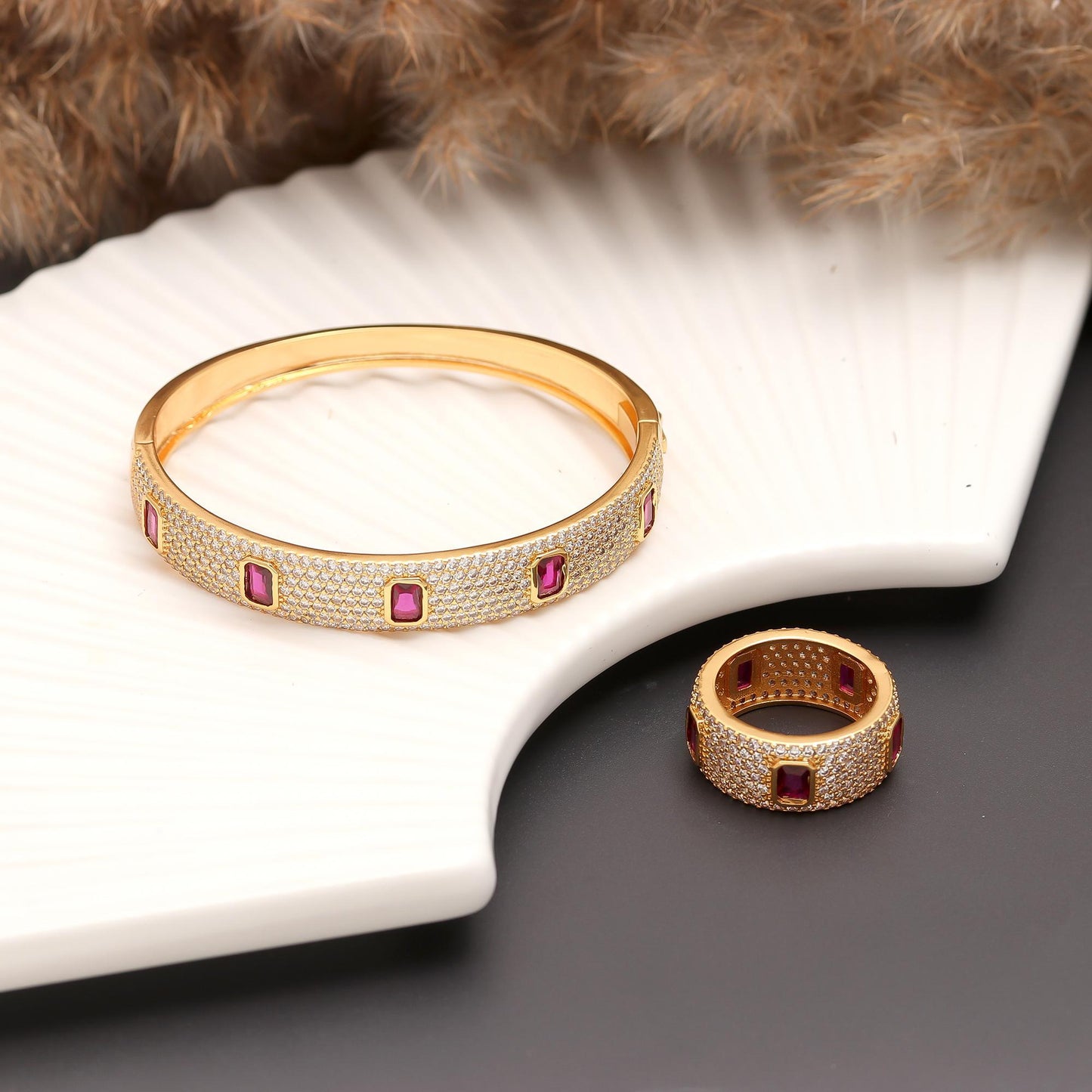 Gold Finish Bracelet and Ring Set with Rectangular Ruby Pink Stones and Diamond Look Detailing | Statement Luxury Jewelry for Weddings and Celebrations
