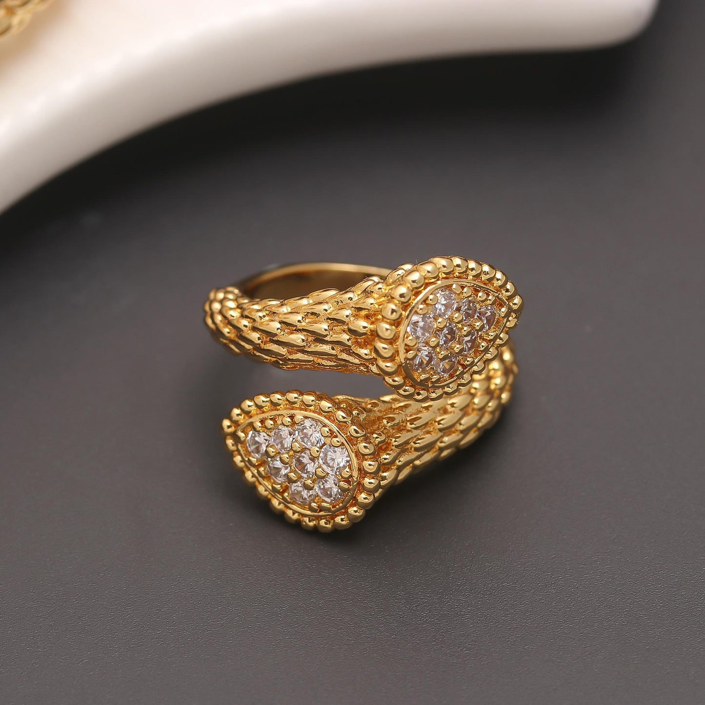 Gold Mesh Texture Bangle and Matching Ring Set with Diamond Look Pavé Teardrop Ends | Elegant Statement Jewelry for Weddings, Parties, and Festive Occasions