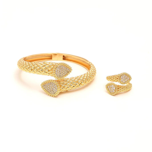 Gold Mesh Texture Bangle and Matching Ring Set with Diamond Look Pavé Teardrop Ends | Elegant Statement Jewelry for Weddings, Parties, and Festive Occasions