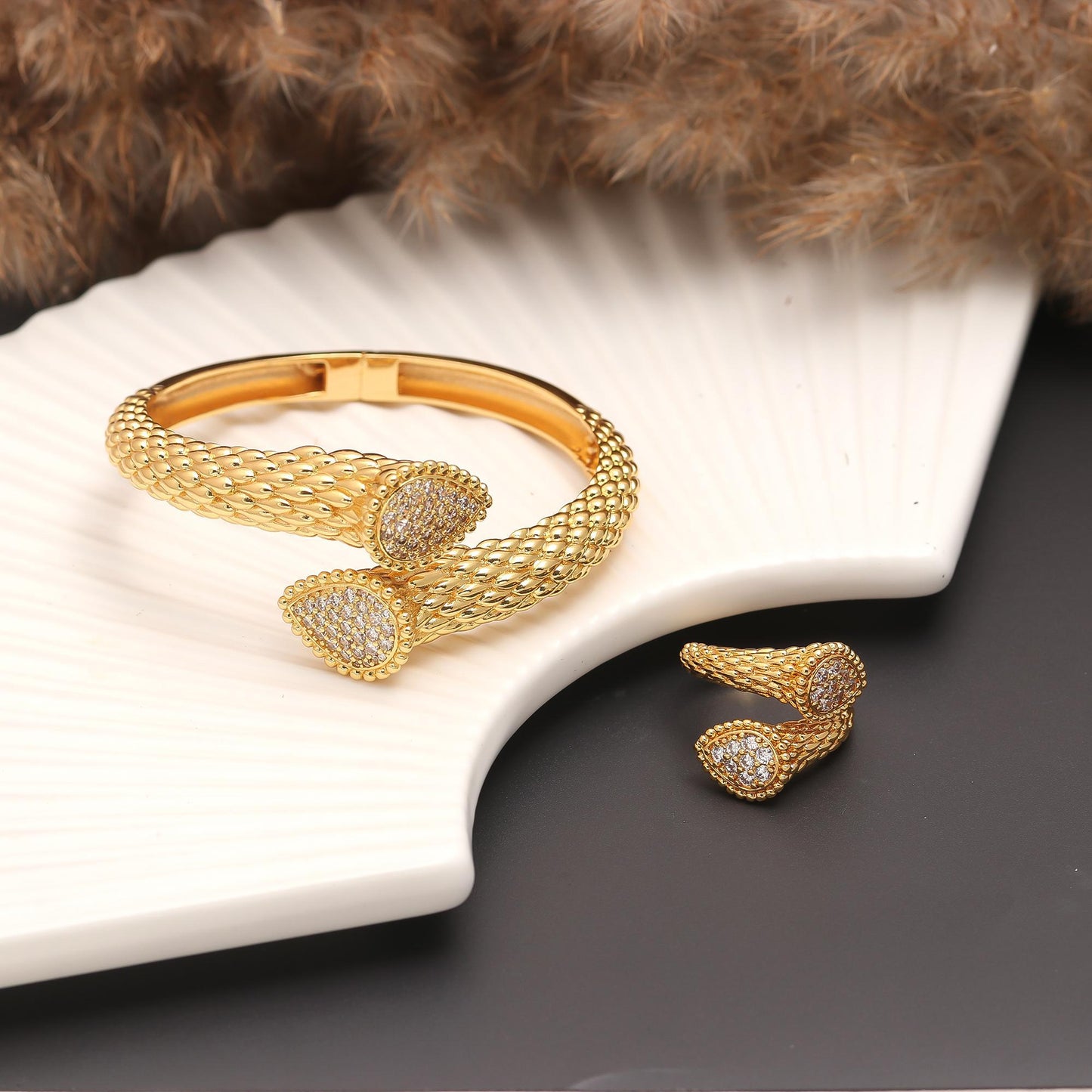 Gold Mesh Texture Bangle and Matching Ring Set with Diamond Look Pavé Teardrop Ends | Elegant Statement Jewelry for Weddings, Parties, and Festive Occasions