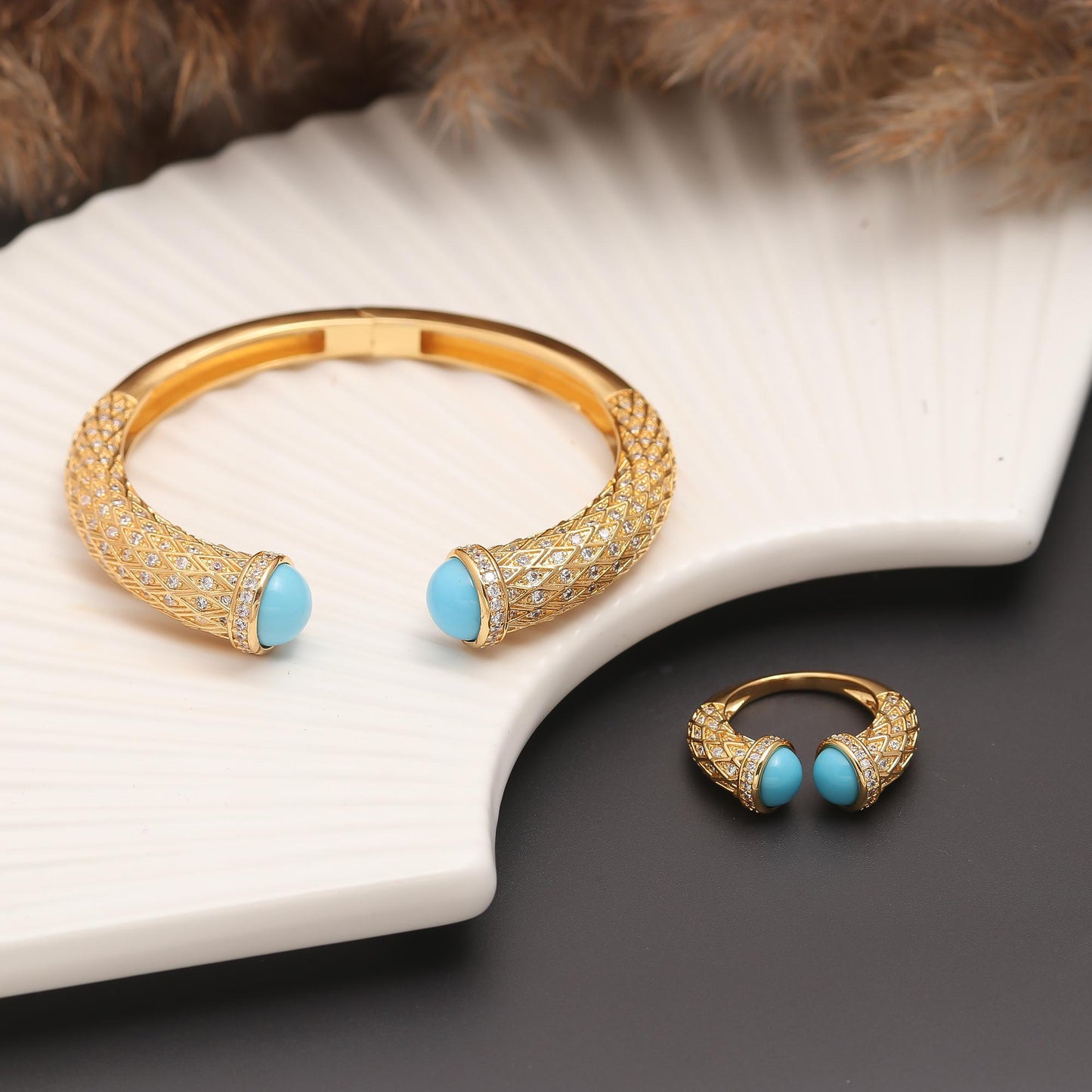 Gold-Tone Openable Bangle and Matching Ring Set with Turquoise Cabochon Tips and Diamond Look Detailing | Luxury Jewelry for Weddings, Festive Wear, and Elegant Occasions