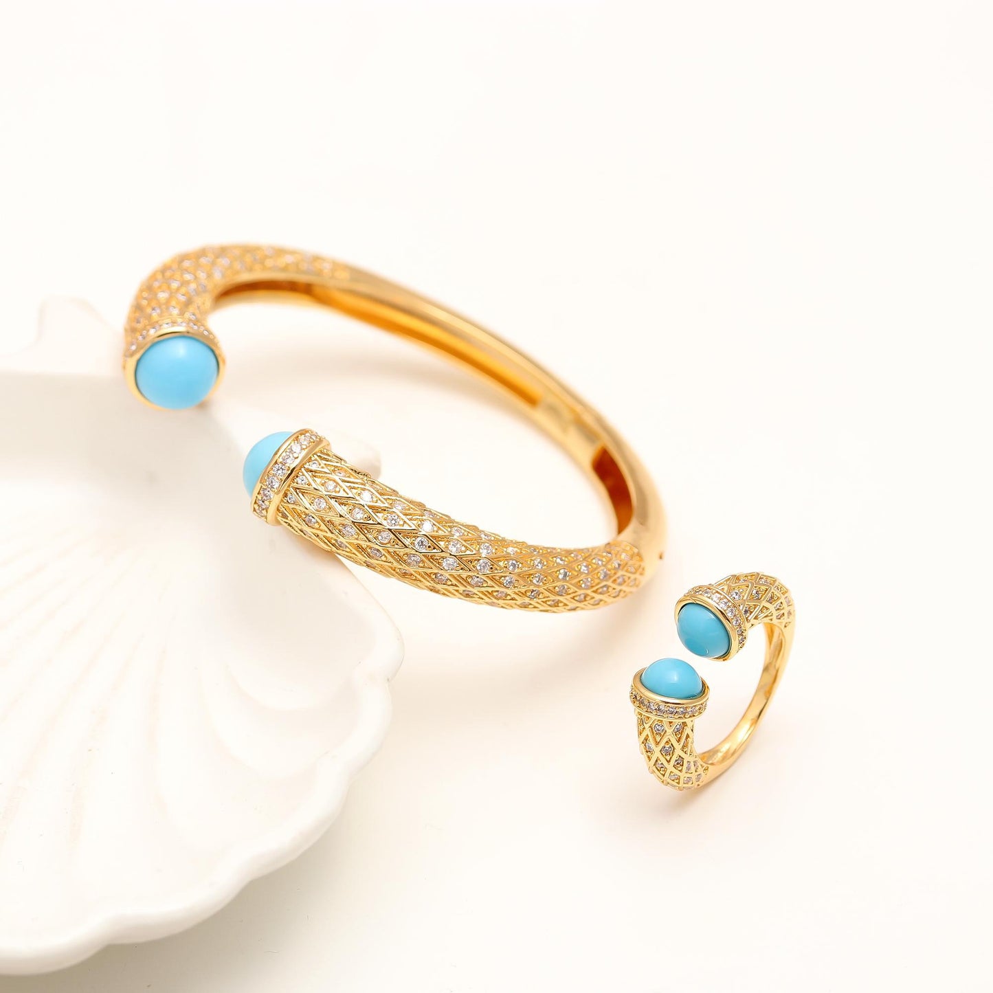 Gold-Tone Openable Bangle and Matching Ring Set with Turquoise Cabochon Tips and Diamond Look Detailing | Luxury Jewelry for Weddings, Festive Wear, and Elegant Occasions