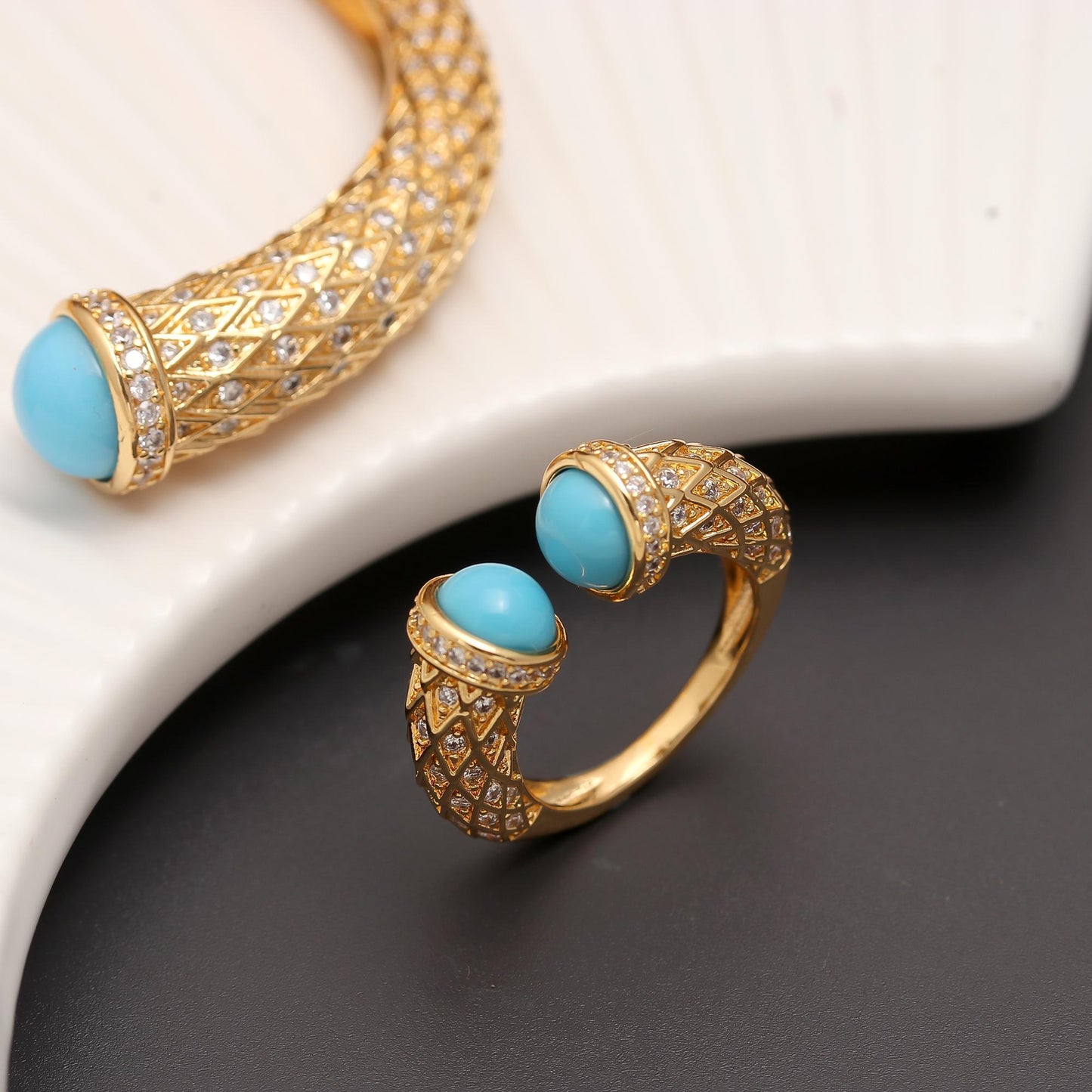 Gold-Tone Openable Bangle and Matching Ring Set with Turquoise Cabochon Tips and Diamond Look Detailing | Luxury Jewelry for Weddings, Festive Wear, and Elegant Occasions