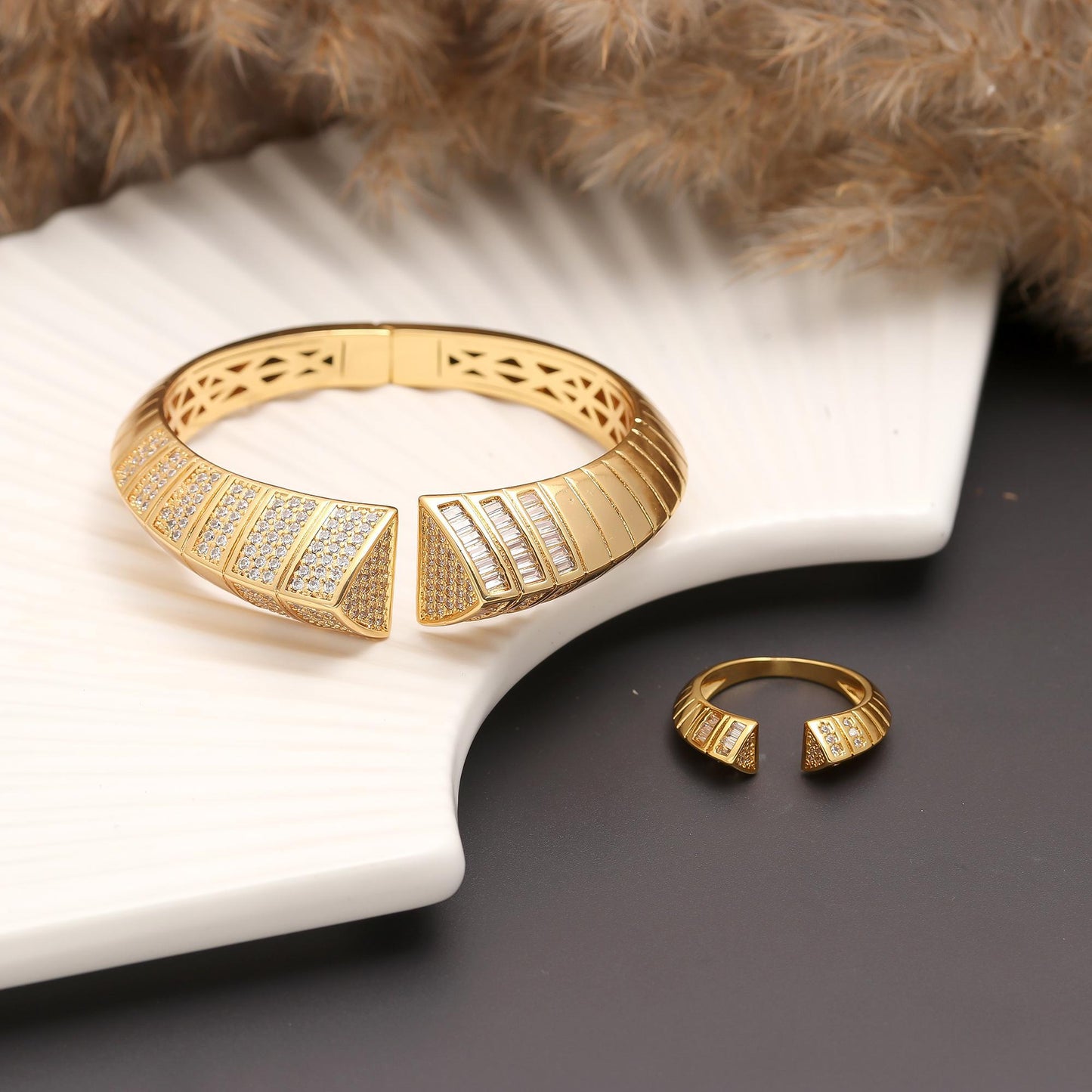 Gold Finish Angular Bracelet and Ring Set with Geometric Diamond Look Detailing | Modern Statement Jewelry for Weddings, Festive Occasions, and Luxury Gifting