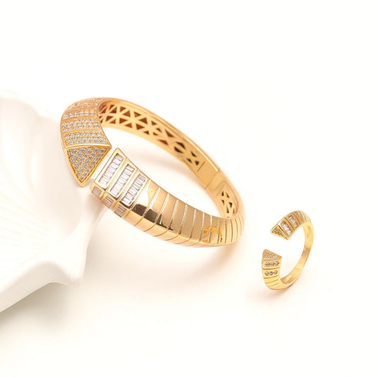 Gold Finish Angular Bracelet and Ring Set with Geometric Diamond Look Detailing | Modern Statement Jewelry for Weddings, Festive Occasions, and Luxury Gifting