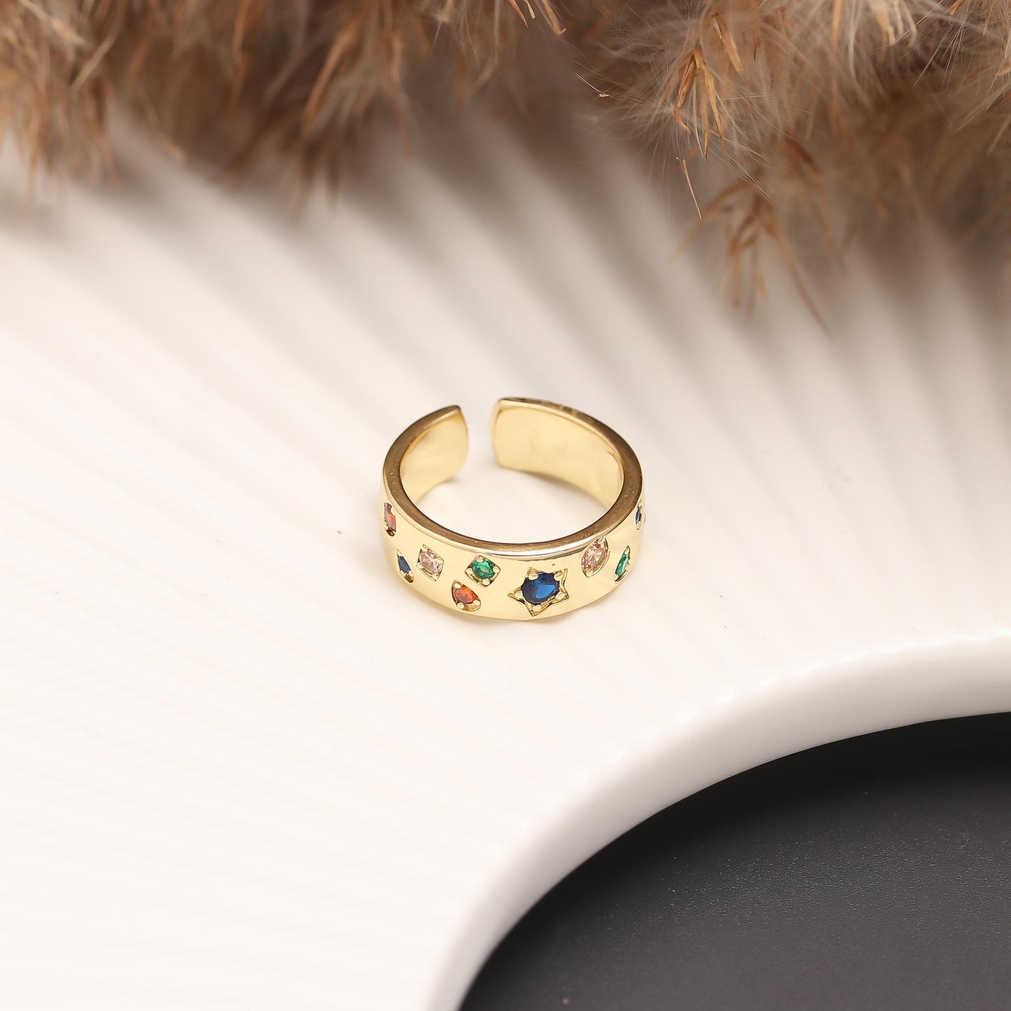 Rainbow Gemstone Band Ring with Polished Gold Finish and Vibrant Multicolor Crystals | Festive Everyday Jewelry