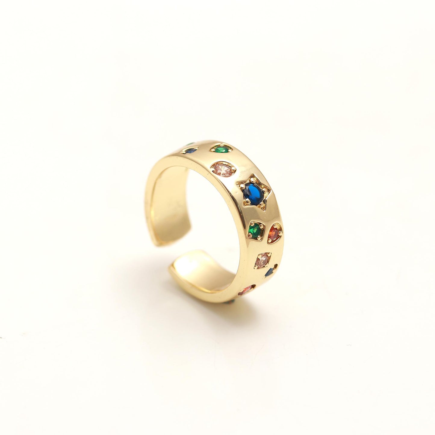 Rainbow Gemstone Band Ring with Polished Gold Finish and Vibrant Multicolor Crystals | Festive Everyday Jewelry