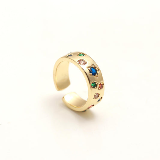 Rainbow Gemstone Band Ring with Polished Gold Finish and Vibrant Multicolor Crystals | Festive Everyday Jewelry