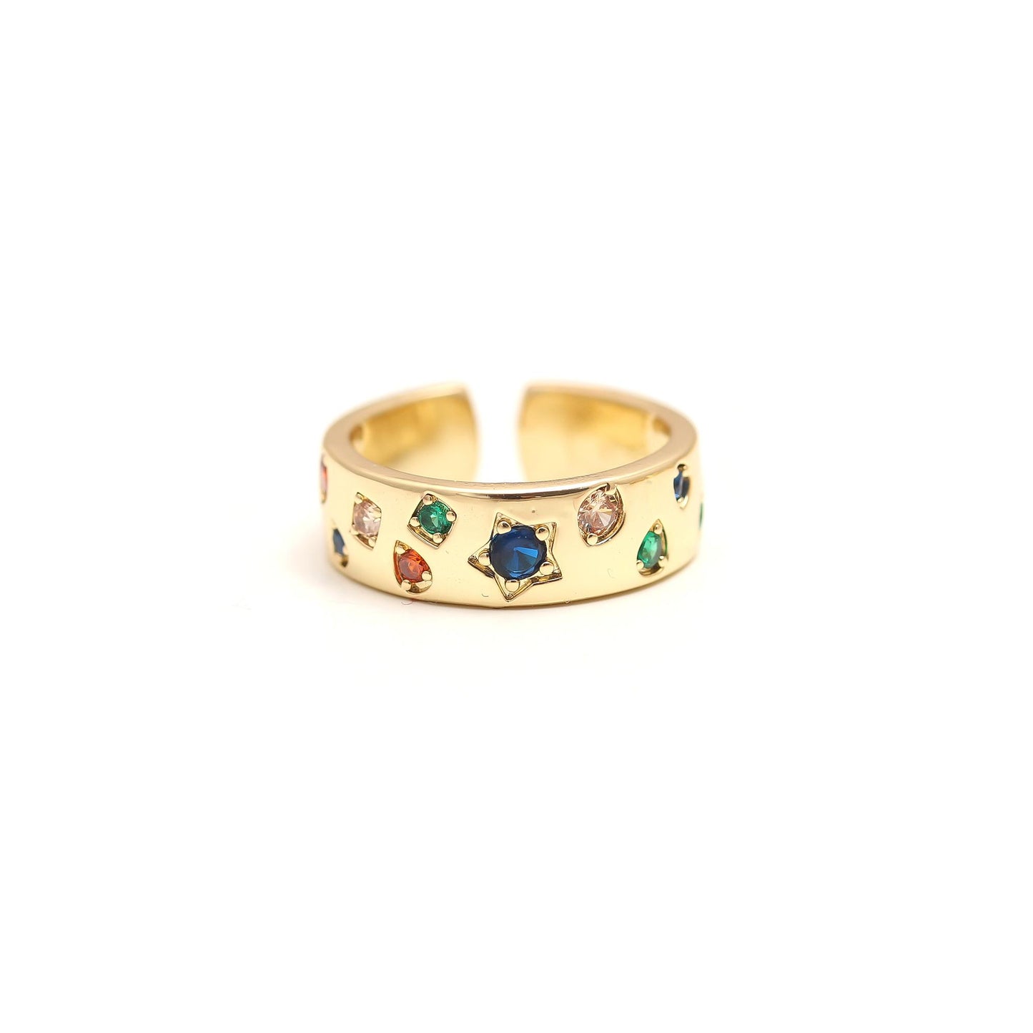 Rainbow Gemstone Band Ring with Polished Gold Finish and Vibrant Multicolor Crystals | Festive Everyday Jewelry