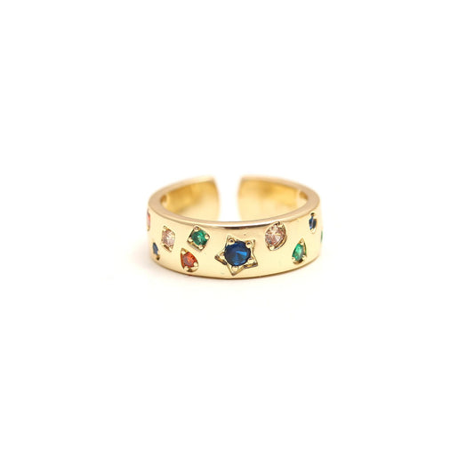 Rainbow Gemstone Band Ring with Polished Gold Finish and Vibrant Multicolor Crystals | Festive Everyday Jewelry