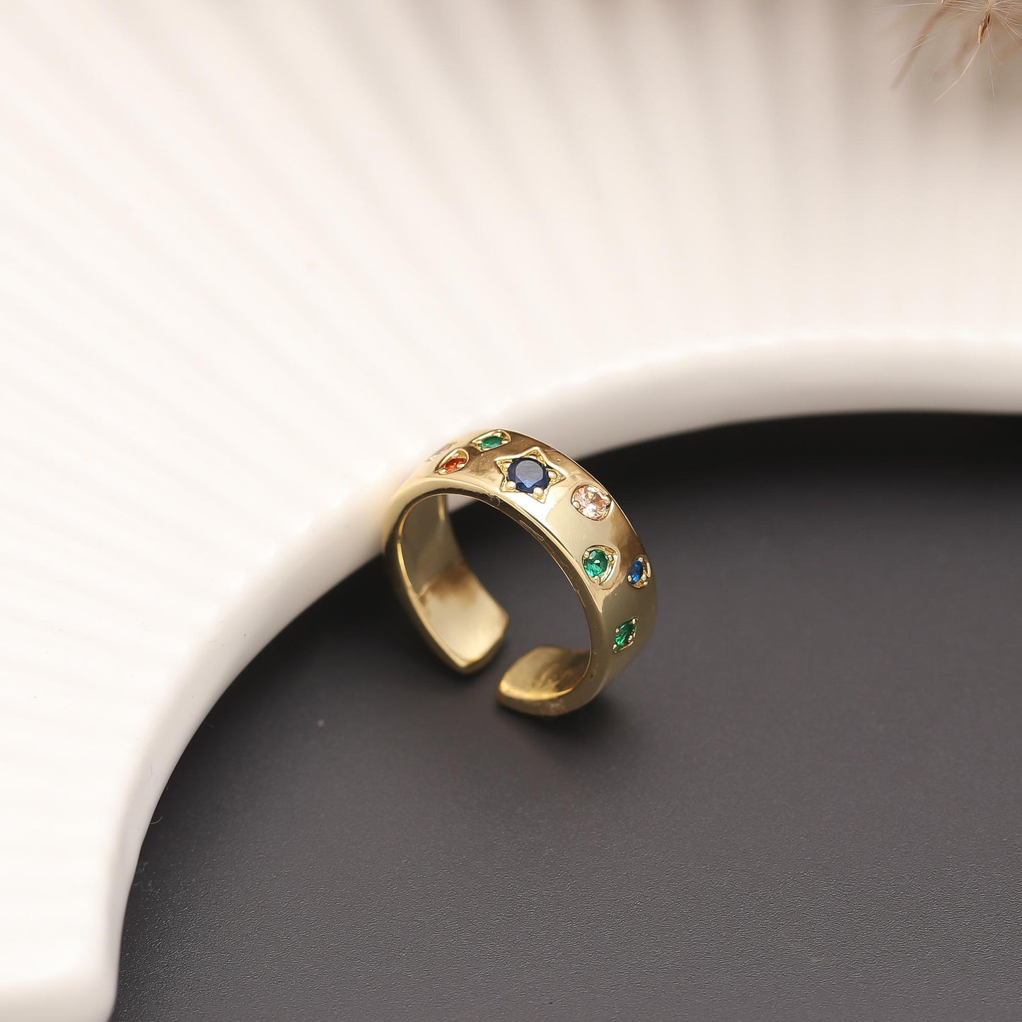 Rainbow Gemstone Band Ring with Polished Gold Finish and Vibrant Multicolor Crystals | Festive Everyday Jewelry