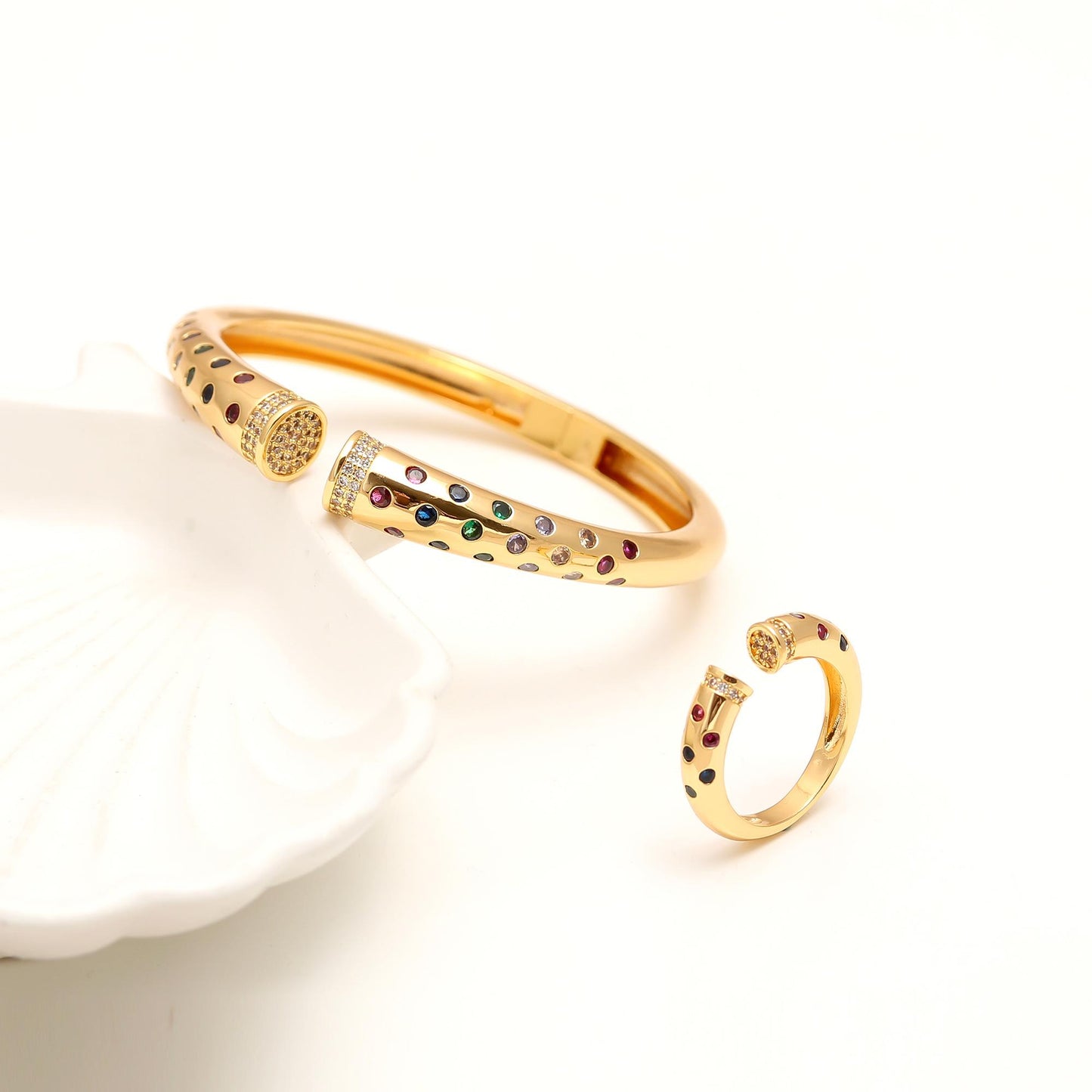 Gold-Tone Openable Bracelet and Matching Ring Set with Multi-Color Gem Accents and Diamond-Look Detailing | Festive and Contemporary Jewelry for Women