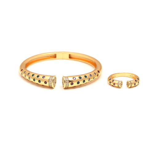 Gold-Tone Openable Bracelet and Matching Ring Set with Multi-Color Gem Accents and Diamond-Look Detailing | Festive and Contemporary Jewelry for Women